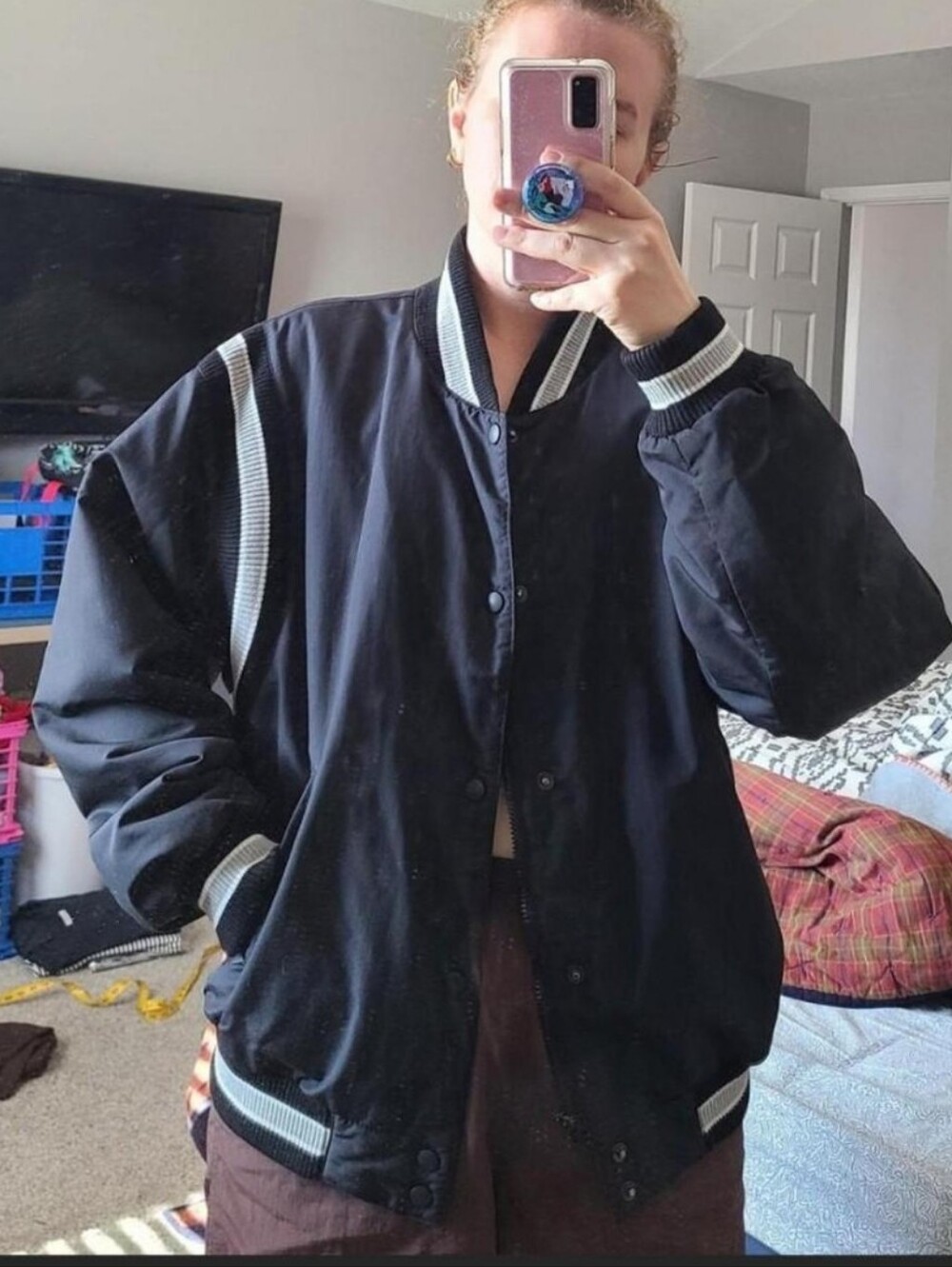 Lands' End black nylon fleece lined varsity stadium bomber jacket Size L